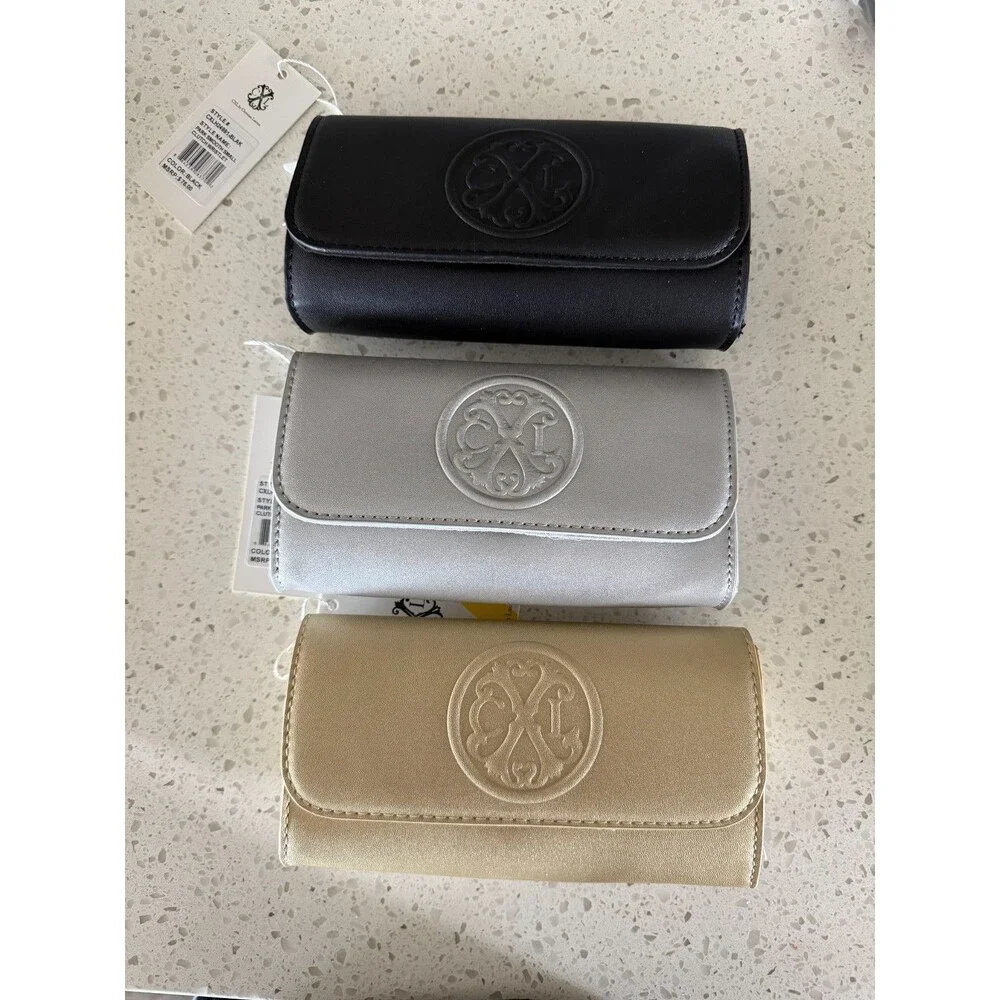NWT CXL by Christian Lacroix Park Small Clutch Wristlet 3 Set Black Silver Gold